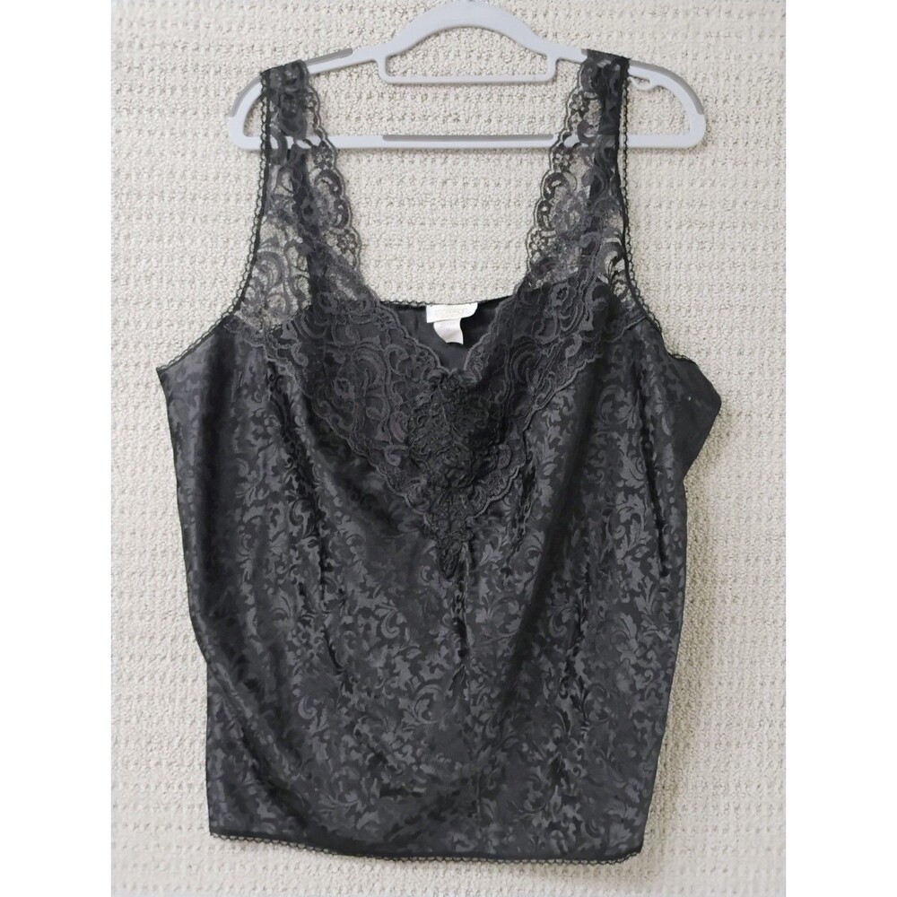 Vtg Escapades Camisole  Plus Sz 22 Black Jacquard Satin Lace Trim Sleeveless